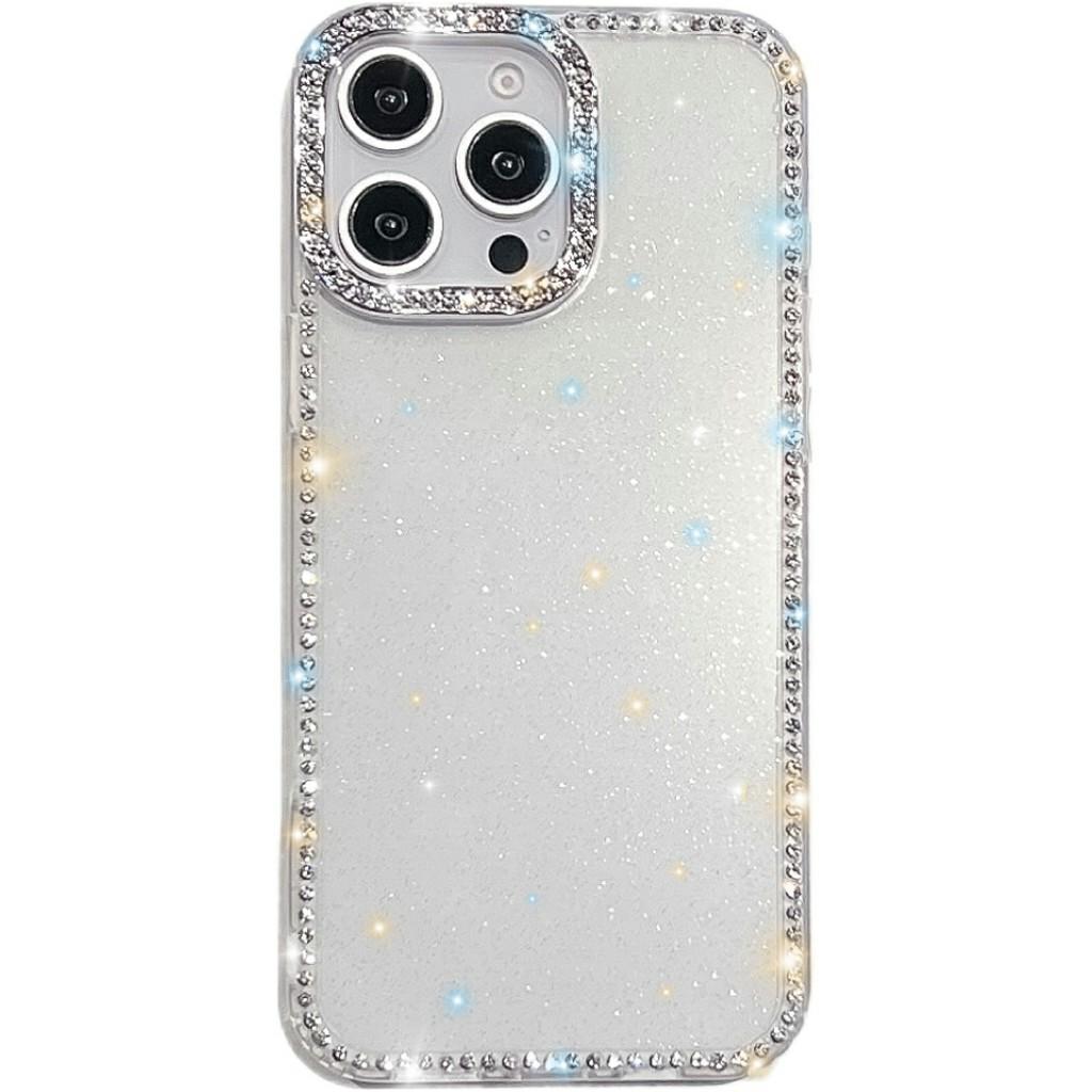 For iPhone 15 Pro Case Rhinestone Edge Glitter Back TPU+PC IMD Phone Cover