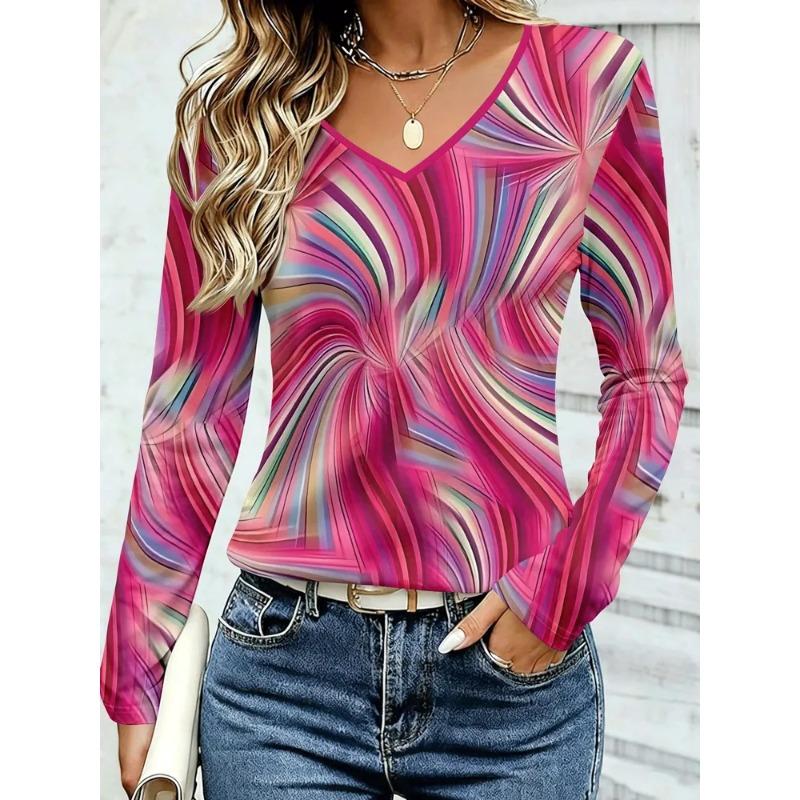 Women's Autumn and Winter 3D Color Striped Printed V-Neck Long Sleeve T-Shirt
