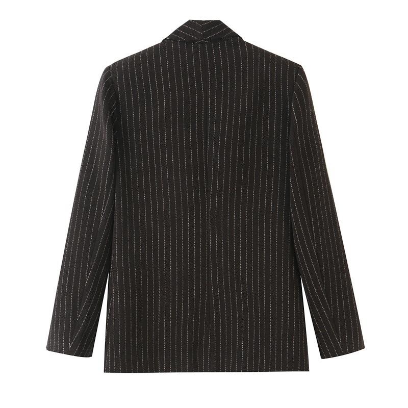 Women's Striped Open Front Blazer, Thick Woolen Suit Jacket, Elegant Commuter Waist Slimming Design,Stylish No Button Ladies Business Outerwear