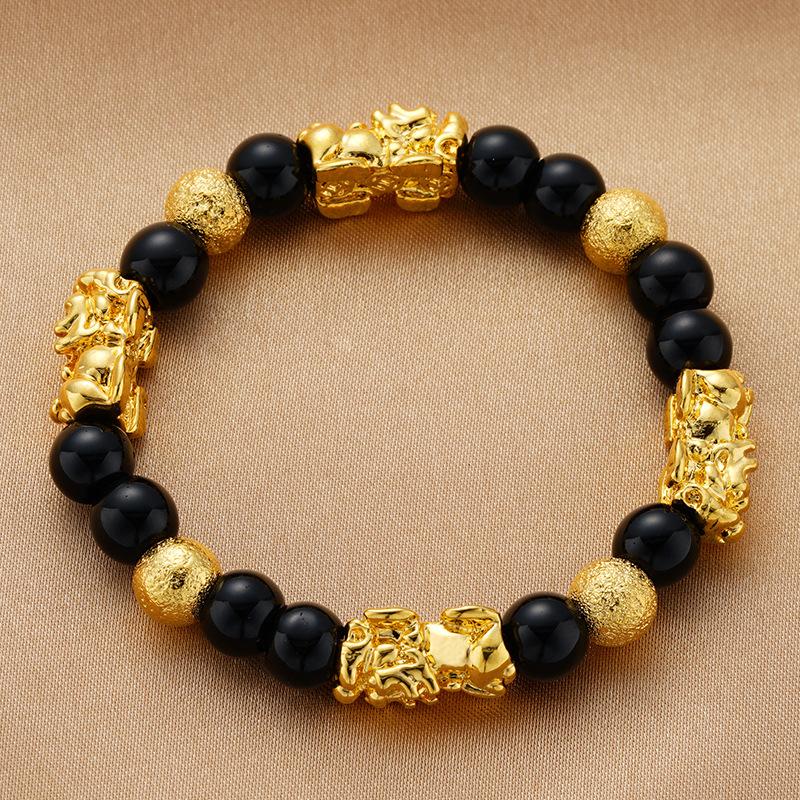 Black and Red Agate Couple's Pixiu Bracelet Sand Gold Bracelet Gold-plated Hand Jewelry Beads for Men and Women
