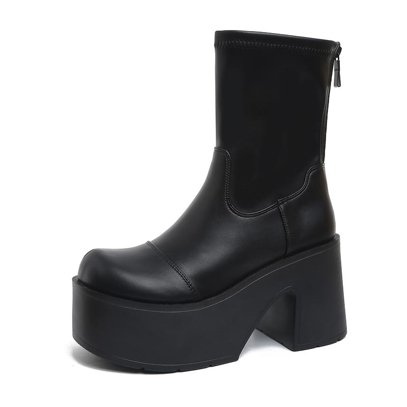 

Fashion 9CM High Chunky Boots Fashion Lace-Up Thick-Heeled Thick-Soled Motorcycle Boots Waterproof Platform Rear zipper Women s Shoes 35 чёрный