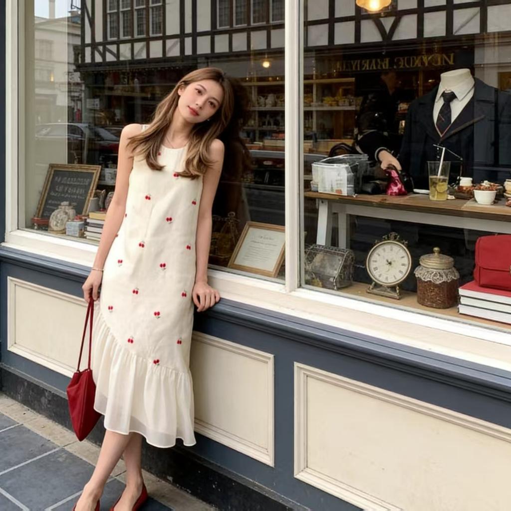 French small sleeveless suspender vest skirt women's 2026 summer new seaside vacation ruffle leaf edge dress