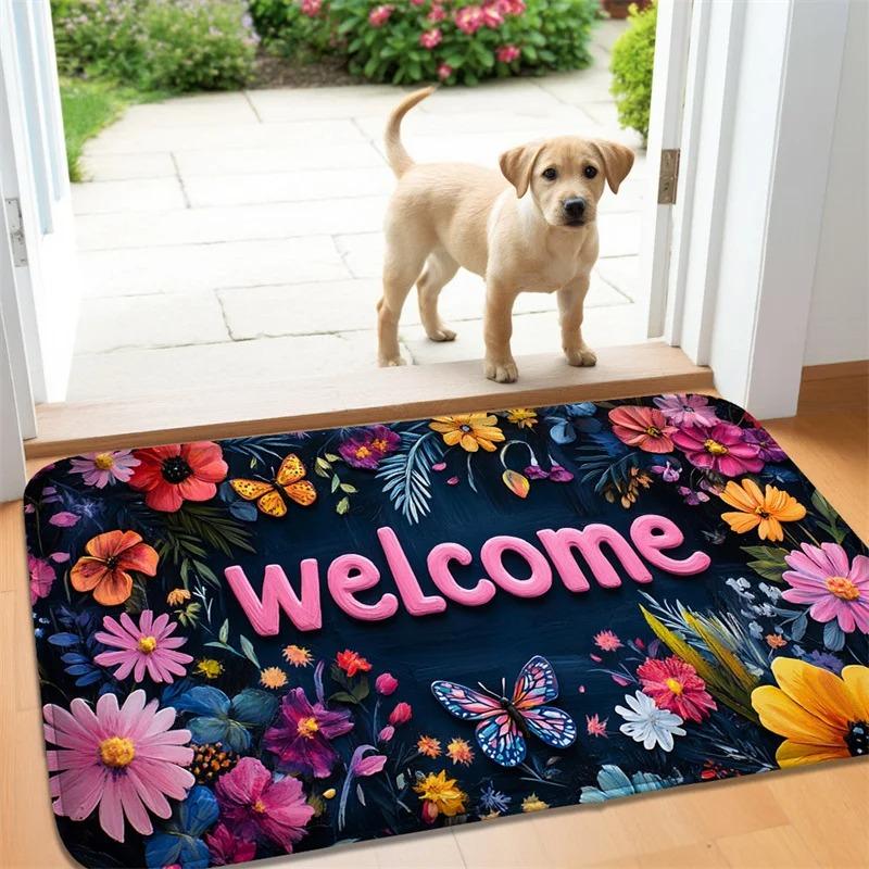 Floral Welcome Kitchen Carpet Living Room Dining Room Laundry Floor Mat Bath Balcony Hallway Non-slip Door Mat