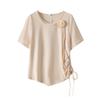 Rose Design Short Sleeve for Women Crew Neck Irregular Hem Drawstring T-shirt Summer Casual Fashion Loose Short Sleeve Breathable Lightweight Plus Top