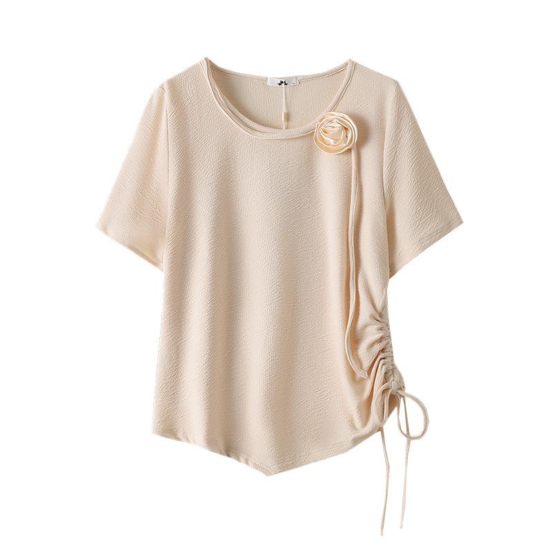 Rose Design Short Sleeve for Women Crew Neck Irregular Hem Drawstring T-shirt Summer Casual Fashion Loose Short Sleeve Breathable Lightweight Plus Top