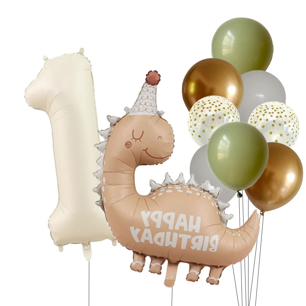 Retro Matte Caramel Colored Dinosaur Aluminum Film Number Balloon Set Happy Birthday Party Decoration Kids Background Photo Prop