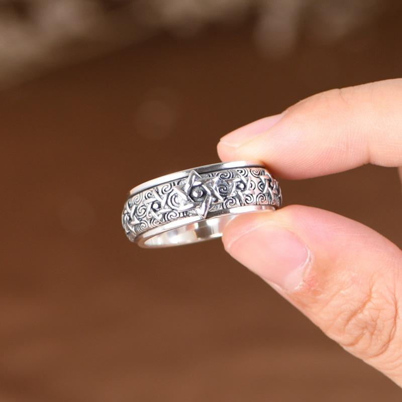 Rotatable S925 Silver Ring for Men Vintage Retro Stars Auspicious Cloud Couple Band Women Index Finger Accessories