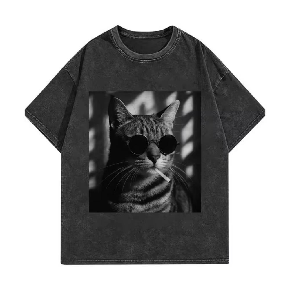 Funny Cat Meme T-shirt High Quality Fashion Vintage Washed T-shirts Men Women Casual Short Sleeve T Shirts Streetwear