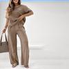 Conjunto feminino casual de duas peças de algodão e linho: Pulôver de manga curta e calças de bolso para moda praia primavera e verão