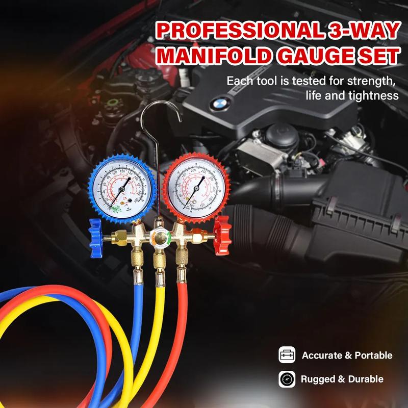 R134a Air Conditioning Pressure Gauge with Hose and Hook 3 Way AC Diagnostic Manifold Gauge Set Freon For R12 R22 R404A R134a
