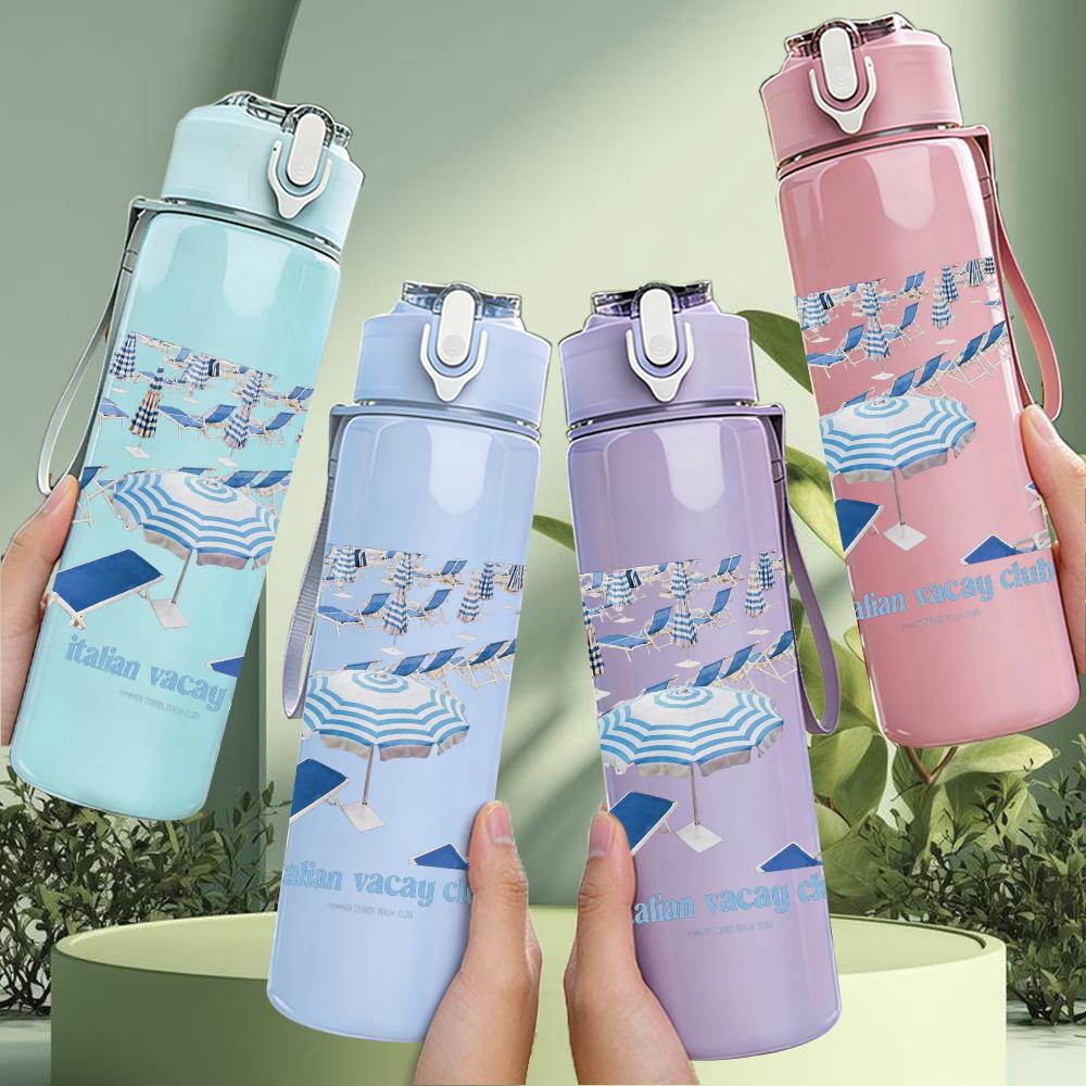 1PC Blue wave ocean abstract print 750ml colorful plastic sports water bottle leakproof pop lid with straw for outdoor office home use