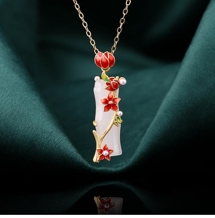 

Ожерелье с подвеской из нефрита, эмаль, подвеска, позолоченная цепочка 18 карат, изящный бамбук, драгоценный камень