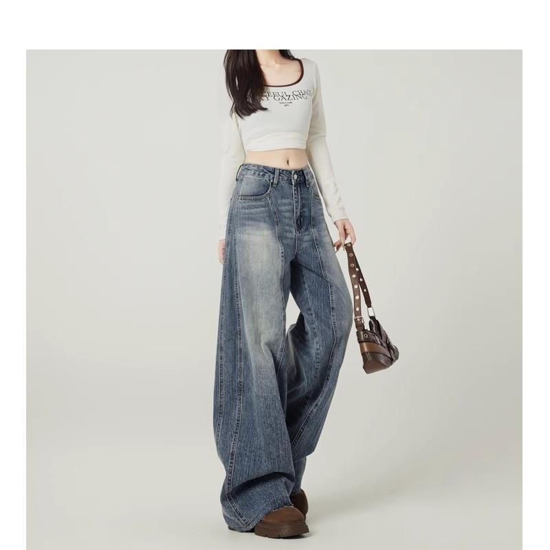 Women's High Waist Wide Leg Jeans Vintage Blue Washed Denim Pants American Streetwear Loose Draped Baggy Long Trousers