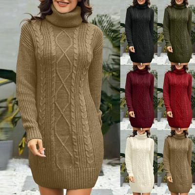 Solid Colour Long High Neck Sweater Dress Slim Versatile Knitted Dress Women's Models