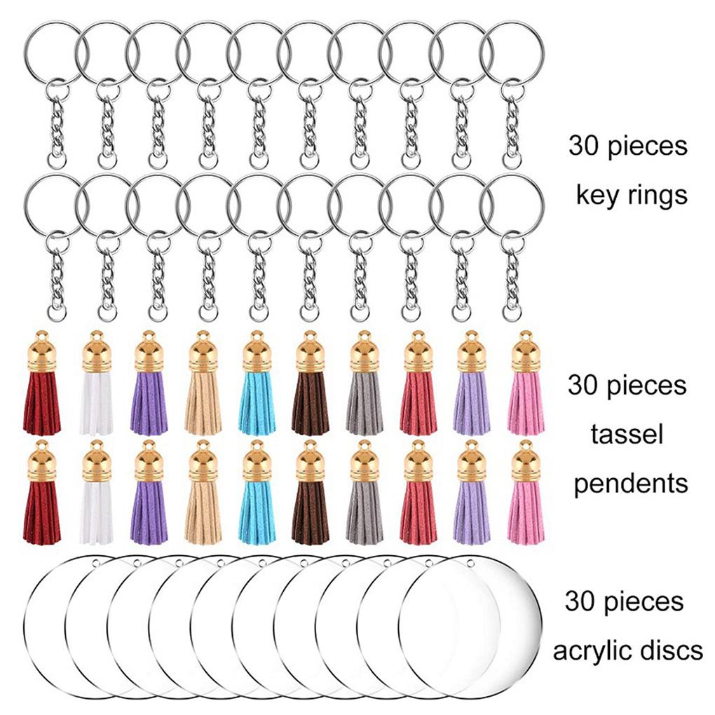 90pcs Keyring DIY Decoration Acrylic Key Disc Hand Craft Jump Leather Tassel Set Tassel Color Random