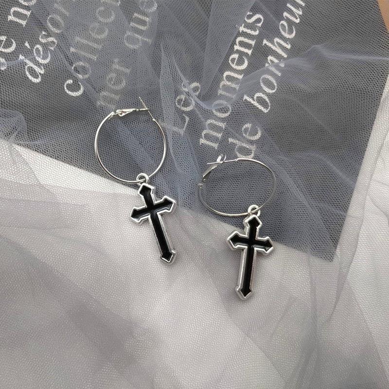 Punk Hollow Cross Pendant Dangle Earrings For Women Minimalist Silver Color Round Circle Drop Dangle Earring Ear Jewelry Gifts