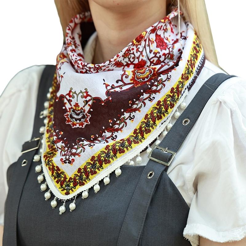 

Fashionable Women Triangular Scarf Spring Neckerchief With Artificial Pearls And Flowing Tassels For Various Occasion