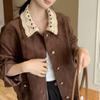 Women Vintage Brown Short Jacket With Detachable Collar Loose Fit Spring Autumn
