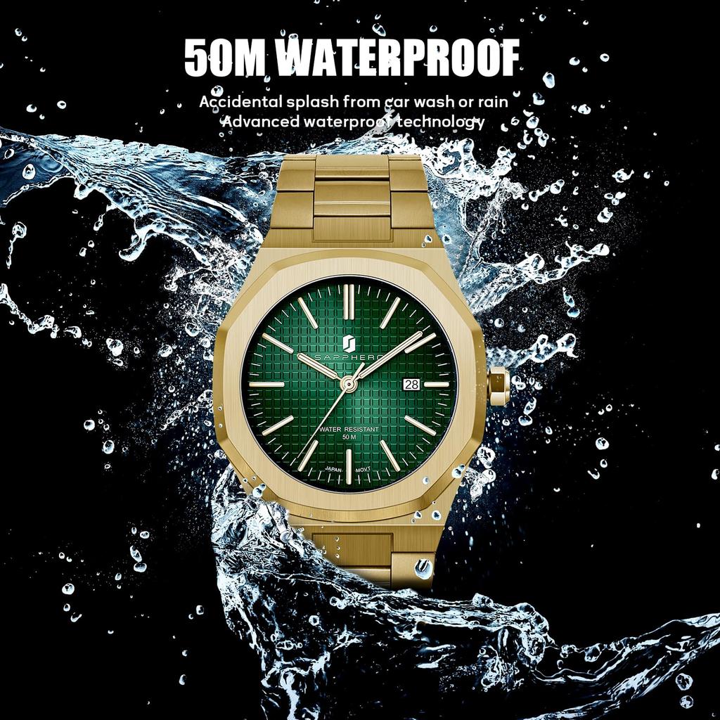SAPPHERO Chronograph Stainless 50M Water Date Gold Green Men's Watch, Steel, Resistant, Stylish, Quartz, Analog, Display, Gift, &