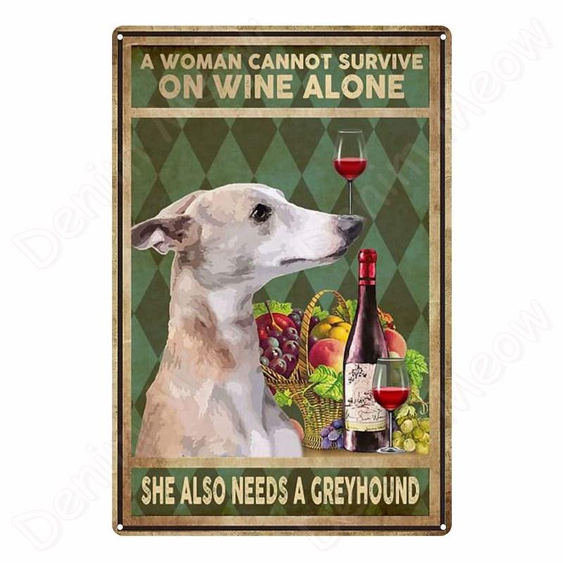 Vintage Bulldog Tin Sign for Home Wall Decor, A Woman Cannot Survive On Wine Alone, Funny Cat, Dog Metal Sign, Bar Decor