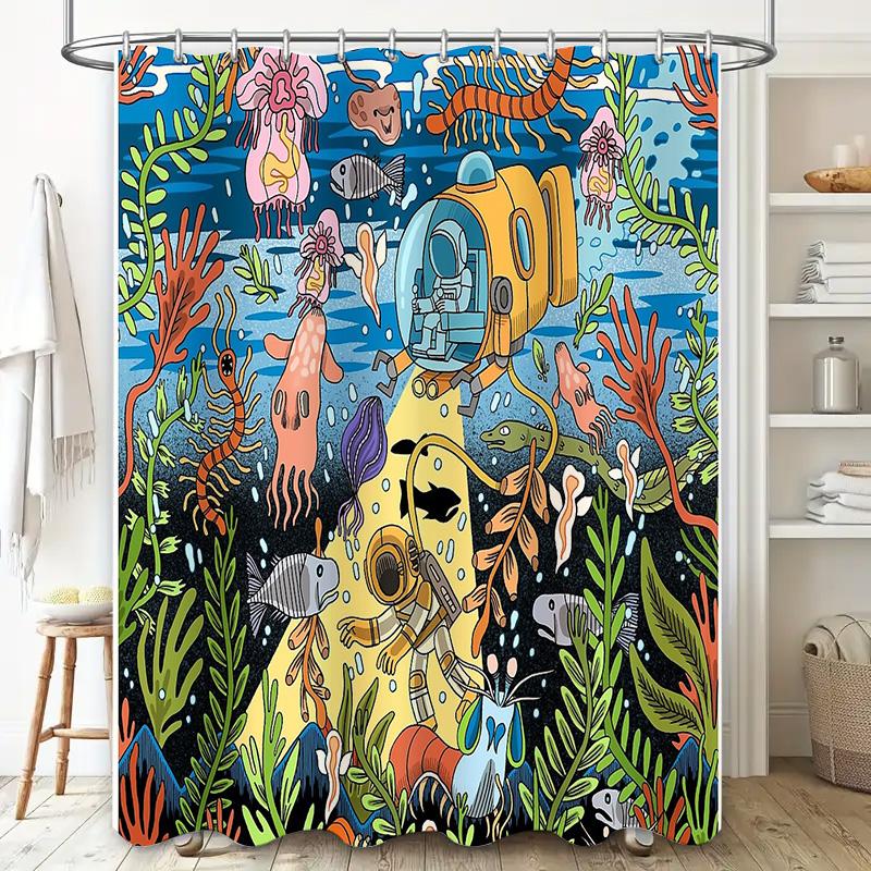 Ocean Theme Shower Curtain Set Waterproof Sea Life Decor Bathroom Curtains Coastal Blue Backdrop Artistic Nature Backdrop