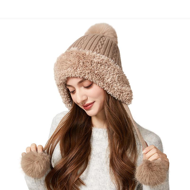 

Зимняя толстая шапка с защитой ушей, вязаная шапка, уличная ветрозащитная бархатная шапка с тремя помпонами на завязках, теплая шапка хаки