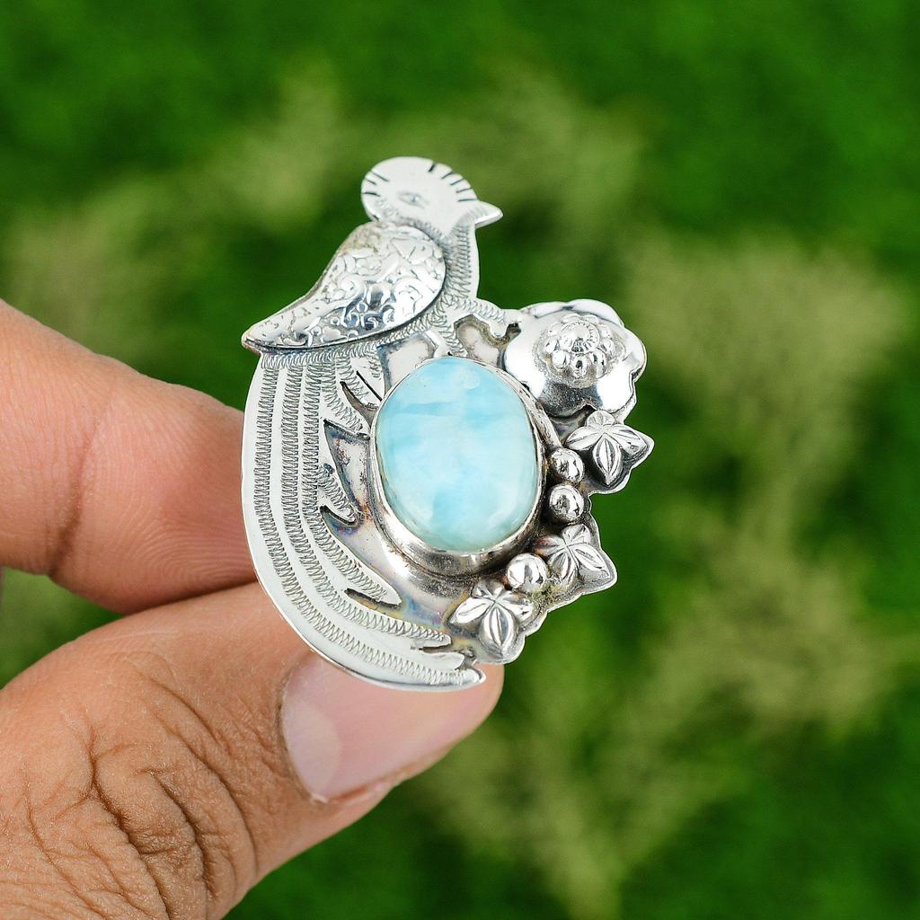 Natural Larimar Gemstone Promise Bird Adjustable Ring 925 Silver For Girls