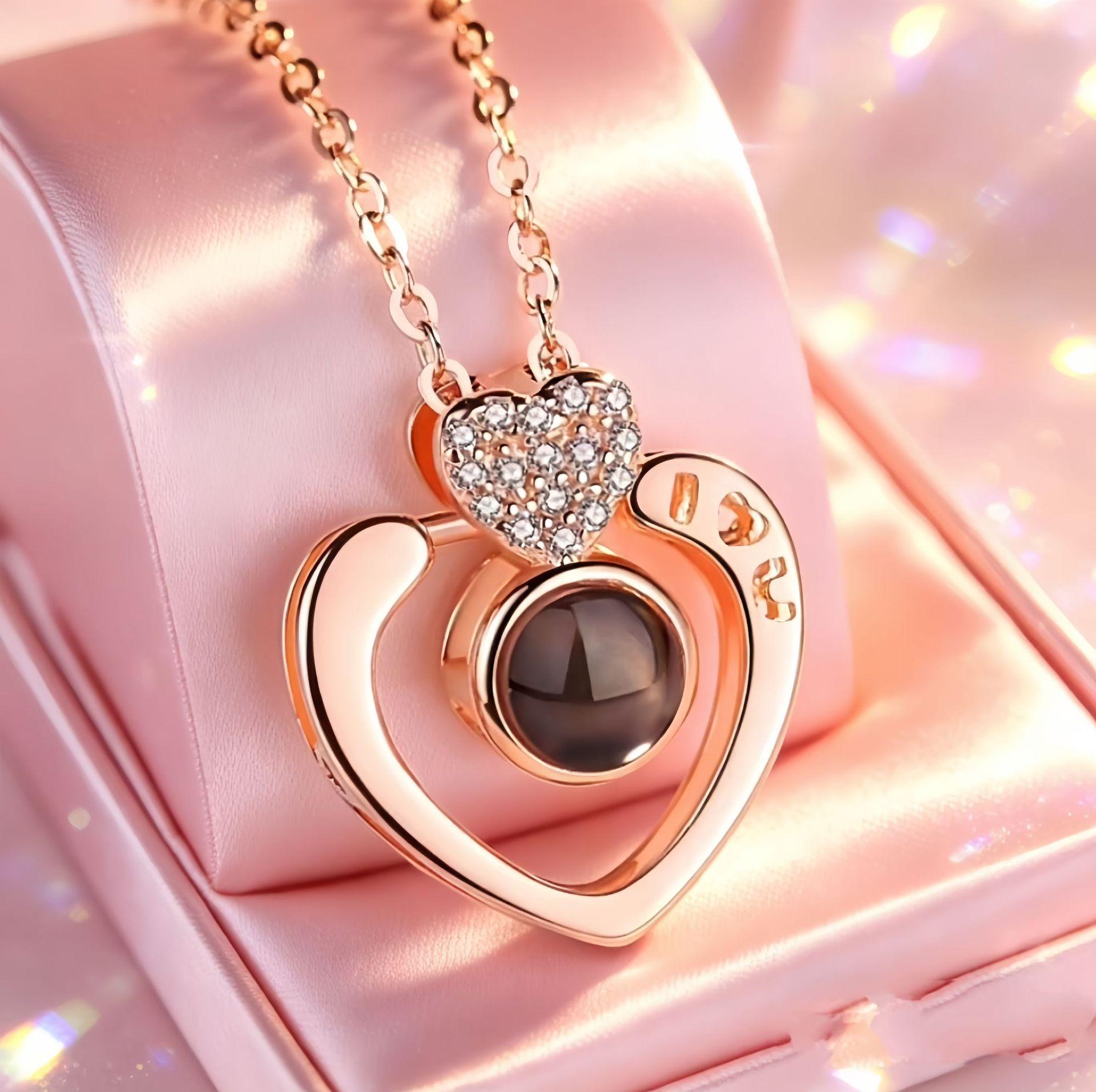 Custom Photo Projection Necklace: Peach Heart Love Pendant with 100  I Love You  Languages