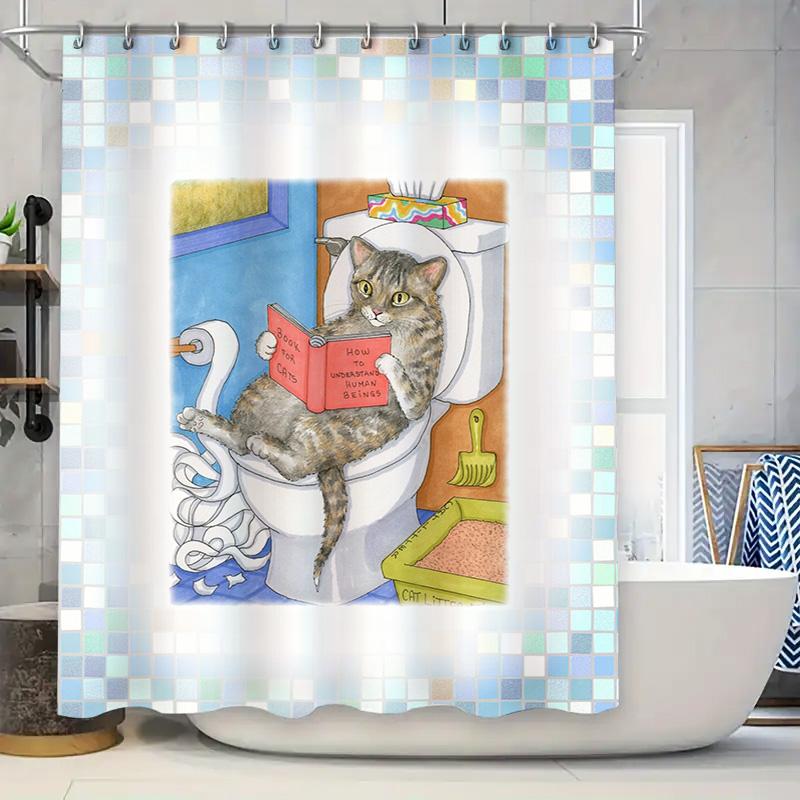 

Причудливый декор для ванной комнаты с кошкой, шторка для душа с дизайном синей плитки и читающим котенком 90x180cm