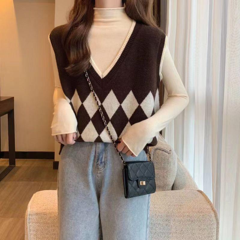 

Вязаный свитер ромбом женский жилет весна и осень новый пуловер снаружи колледж стиль модный жилет жилет one size fits all темно-коричневого