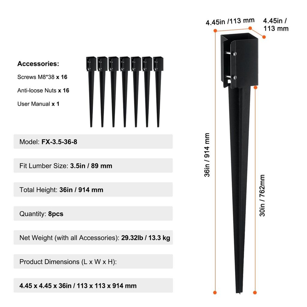 Fence Post Anchor Ground Spike, 8 Pack 36 x 4 x 4 Inches Outer Diameter (Inner Diameter 3.5 x3.5 Inches), Metal Black Powder Coated Post Stake Ground,