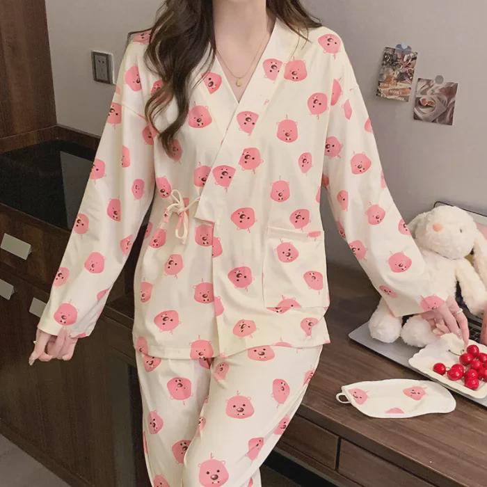 Women's Kimono Pajamas: Spring/Autumn Japanese Style V-Neck Cardigan with Long Sleeves & Trousers, Cute and Sweet for Home Wear