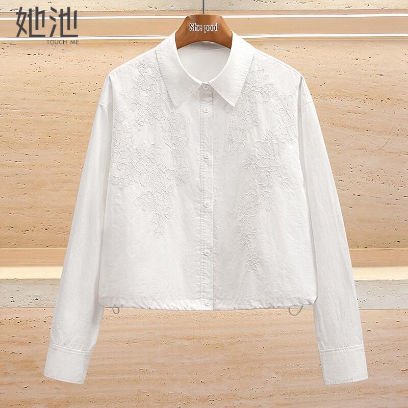 Women s Embroidered Lapel Short Long-Sleeve Shirt M