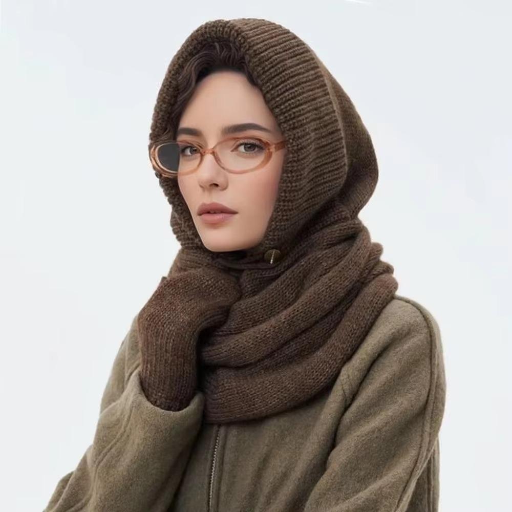 Solid Color Knitted Hooded Scarf Beanie Cross Hooded Cap Cute Hat and Scarf 2-in-1 Outdoor