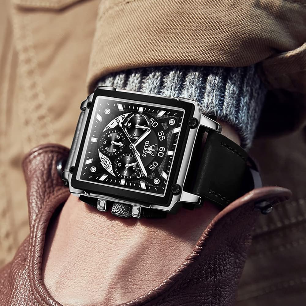 OLEVS Men's Quartz Chronograph Leather Dress Watch Silver Black Waterproof Casual Square Business Date Display