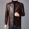 Men Jacket Faux Leather Solid Color Stand Collar Smooth Thick Warm Long Sleeve Zipper Neck Protection Motorcycle Windproof Cool Autumn Winter Jacket