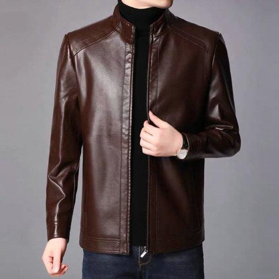 Men Jacket Faux Leather Solid Color Stand Collar Smooth Thick Warm Long Sleeve Zipper Neck Protection Motorcycle Windproof Cool Autumn Winter Jacket