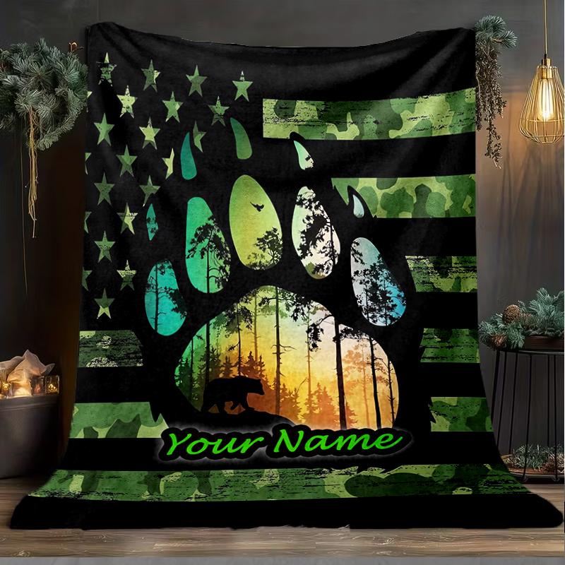 1PC Custom Name American Flag Paw Print outdooor Flannel blankets Patterns Throw Blanket All-Season Soft Gift for Couch, Bed, Camping gifts