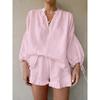 Spring/Summer White Cotton-Linen Set For Women Casual Fashion Lantern Sleeve Top And Shorts Two-Piece Set