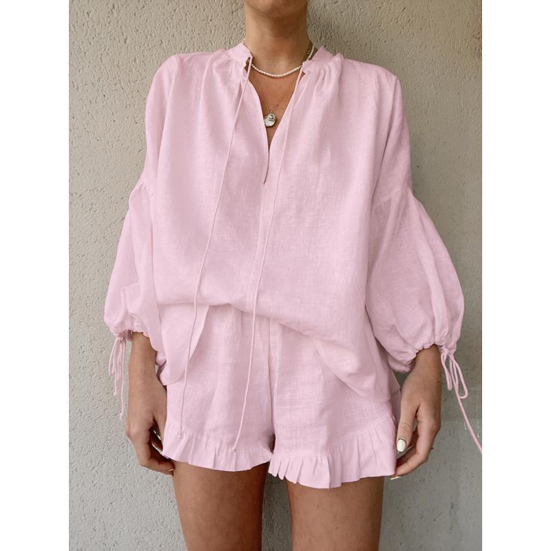 Spring/Summer White Cotton-Linen Set For Women Casual Fashion Lantern Sleeve Top And Shorts Two-Piece Set