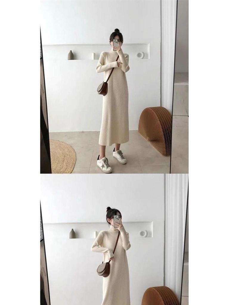 Women's Mid-Length Wool Knit Dress - Loose, Long Sleeve, Half-High Collar, Perfect for Layering Under Coats, Autumn & Winter Wear.