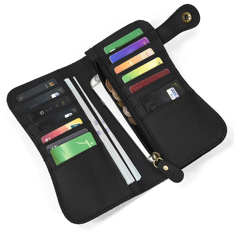 Men'S Leather Wallet Crazy Horse Leather Iron Chain Anti-Theft Long Wallet Multi-Card Wallet Mobile Phone Change Bag