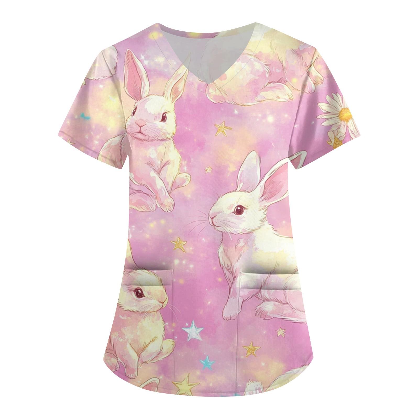 

Женская модная рабочая одежда с V-образным вырезом и короткими рукавами, с карманами, с принтом в виде пасхального топа, одежда для ухода L