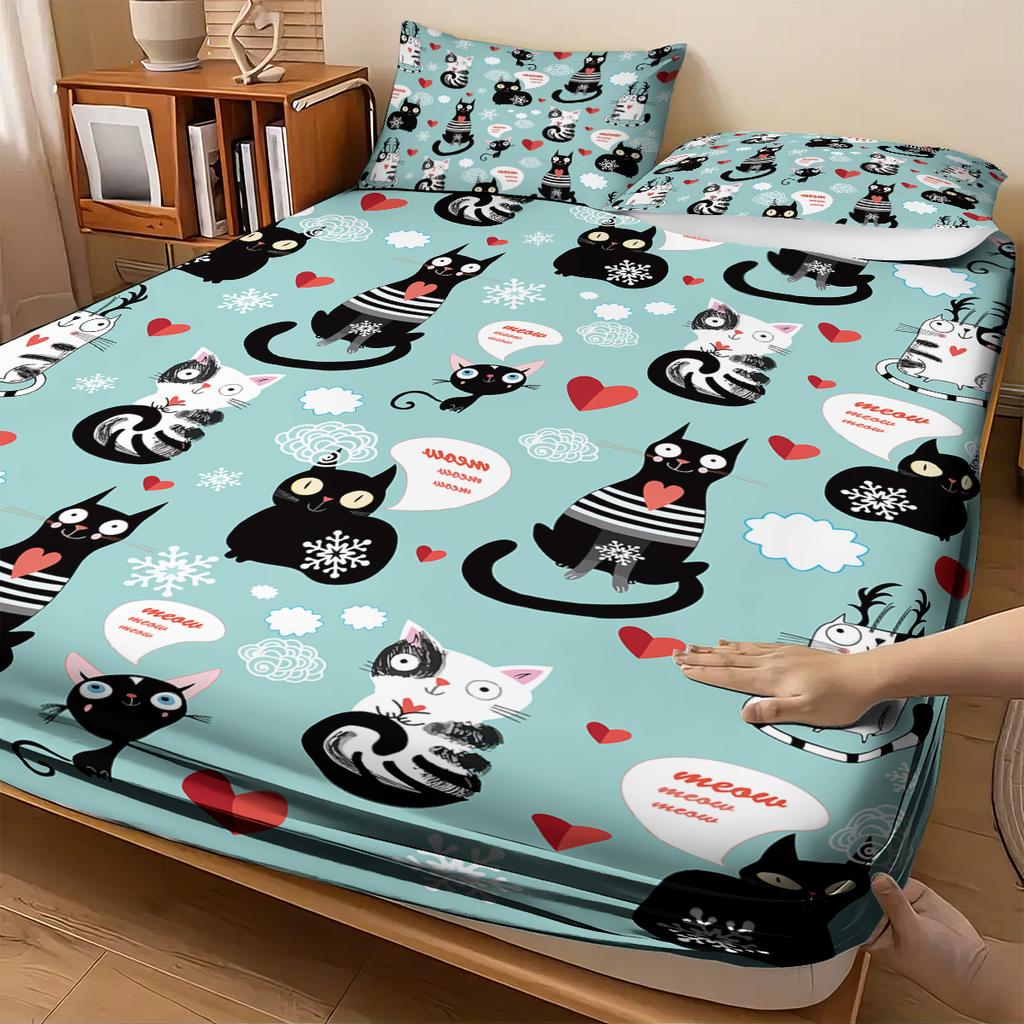 3Pcs Cute Kitten Printed Chipless Bed Sheet Set Multi Size Soft Bed Cover Bedroom Bedding Decoration Machine Washable