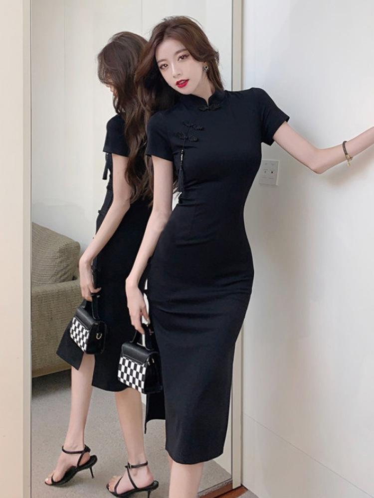 Black cheongsam new women's summer retro Chinese style women's clothing medium and long light improved dress