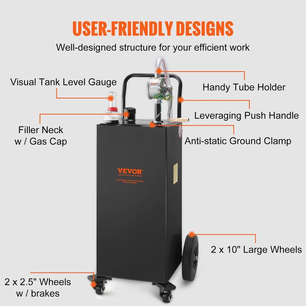 30 Gallon Fuel Caddy, Gas Storage Tank & 4 Wheels, with Manuel Transfer Pump, Gasoline Diesel Fuel Container for Cars, Lawn Mowers, ATVs, Boats, More,