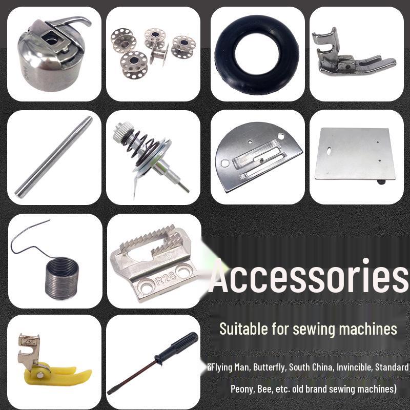 Vintage Sewing Machine Parts Set: Bobbin Case, Bobbin, Needle Plate, Feed Dogs, Presser Foot, Thread Spring, Bobbin Winder, Thread Guide Pin