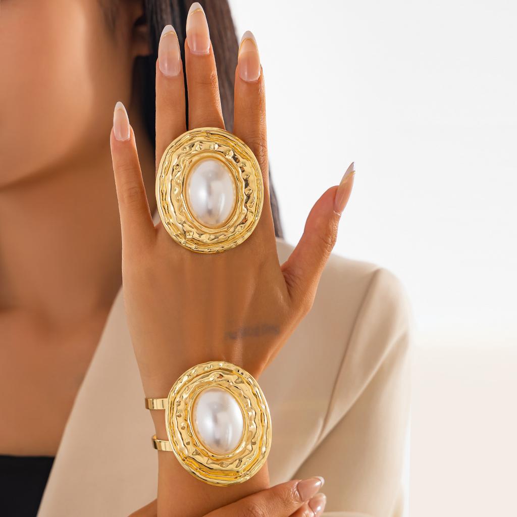 Vintage Pearl Metal Cuff Bangles Rings Set For Women Punk Geometric Gold copper Color Big New Hip Hop Jewelry Set