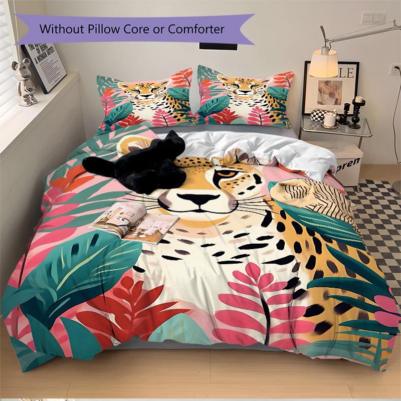 3PCs Cheetah Print Design Cover Set, Breathable Fabric, Machine Washable (1 Duvet Cover + 2 Pillowcases) (Without Quilt) yy250911163