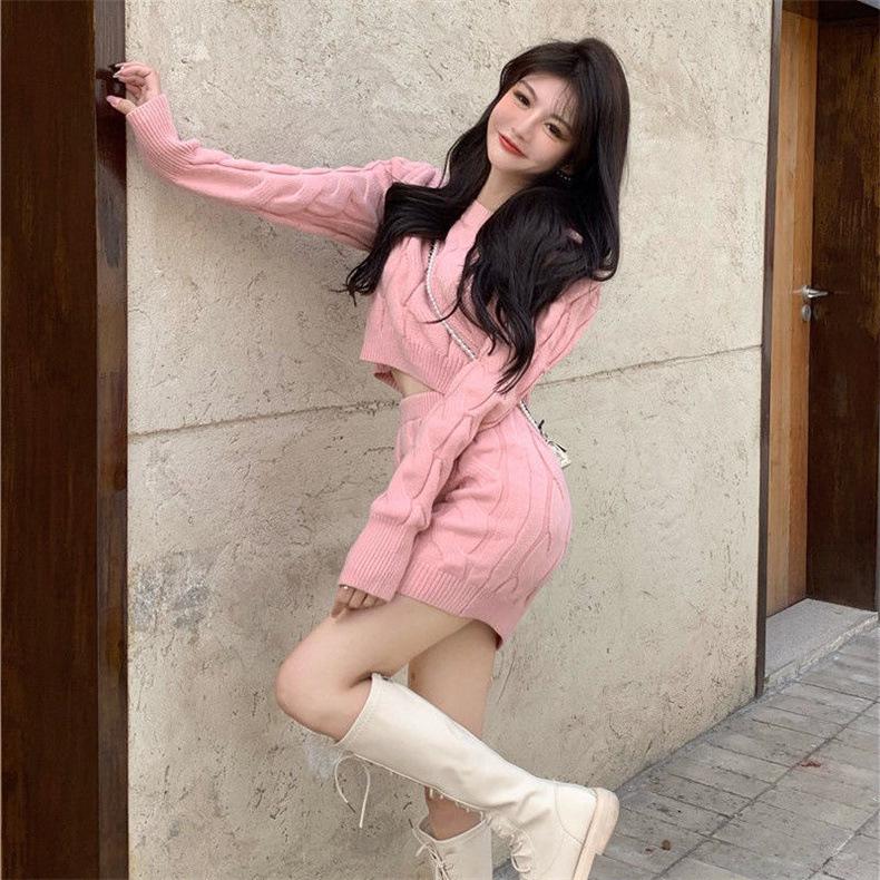 2024 Zopfstrickpullover & Bodycon Minirock Set - Damen Slim Fit, Langarm, Hohe Taille, Lässiger Stil, Verdicktes Zweiteiler.